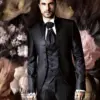 Classic Men Suits Mandarin Lapel Wedding Groom Tuxedos Black Pattern Waistcoat Groomsman Blazer 3 Pieces Set Terno Masculino