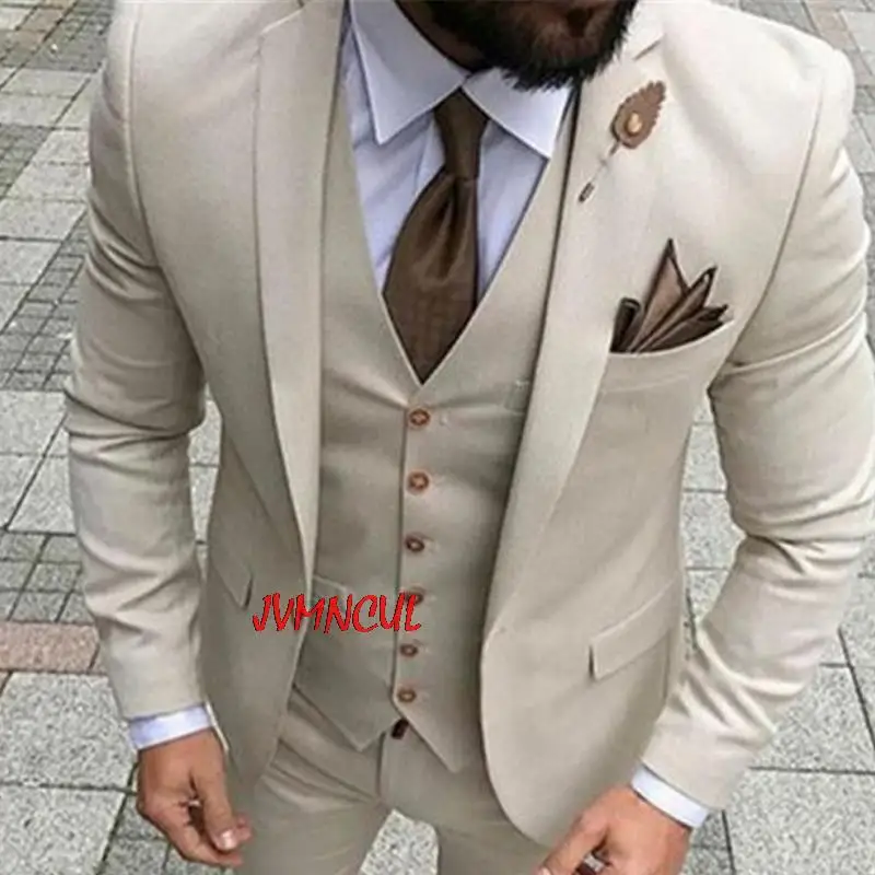 Men Suits With Pant 2024 Terno Masculino Slim Fit Smoking Formal Tuxedo Beige 3 Pieces Wedding Suits For Men Groomsman Suits