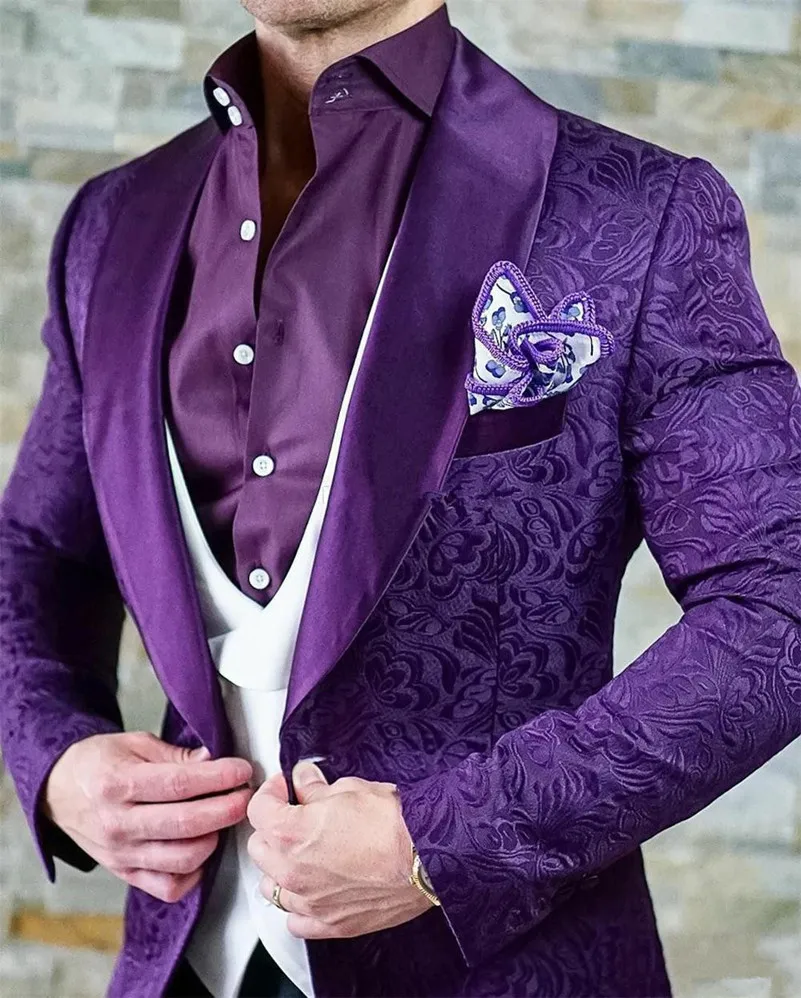 Elegant Mens Suits 2024 Italian Design Custom Made Purple Jacquard Smoking Tuxedo Jacket 3 Piece Groom Wedding Suits For Men