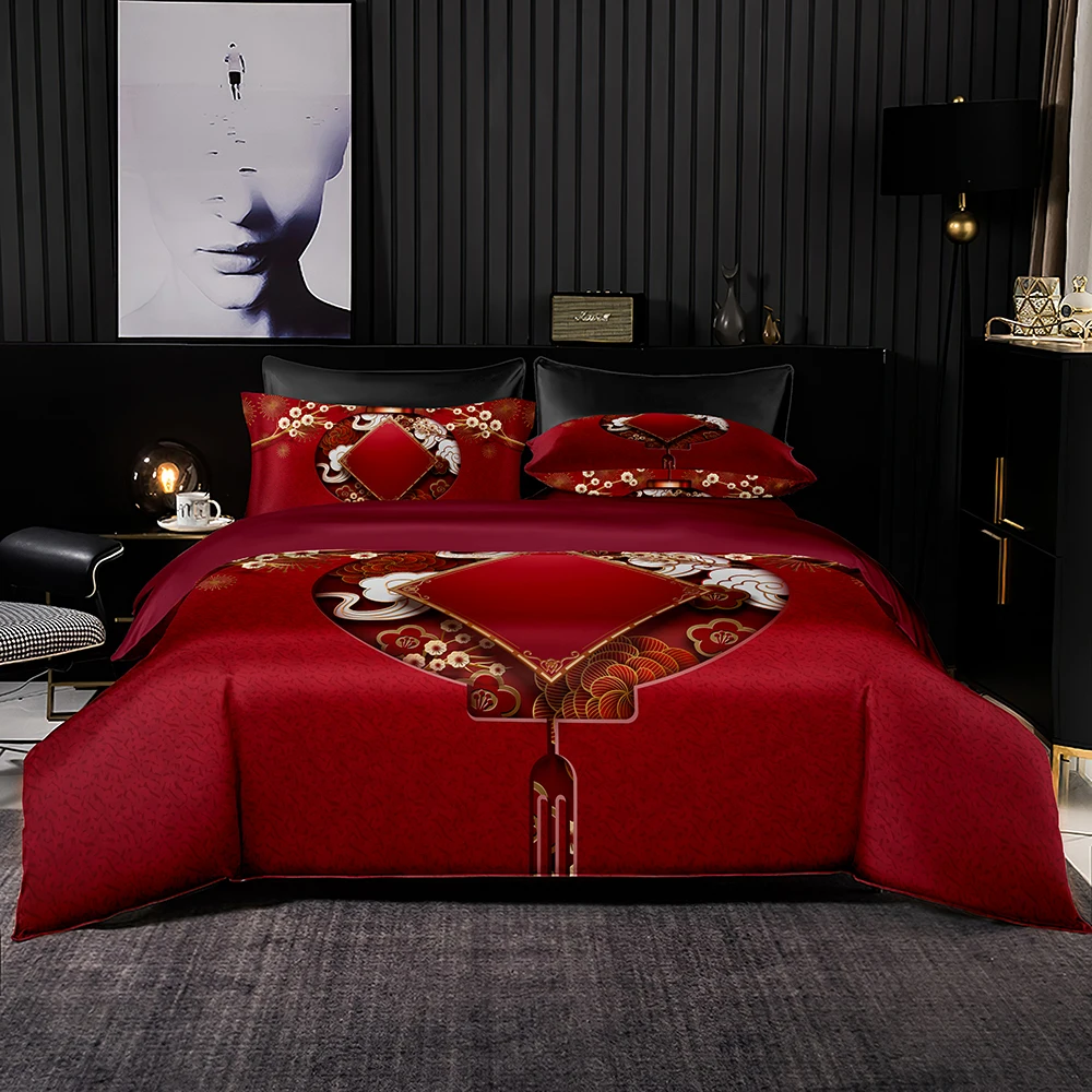 Luxury Red Bedding Set Chinese Knot Print Duvet Cover 200x200 with Pillowcase,264x228 Quilt Cover,Double Queen King Size Bed Set