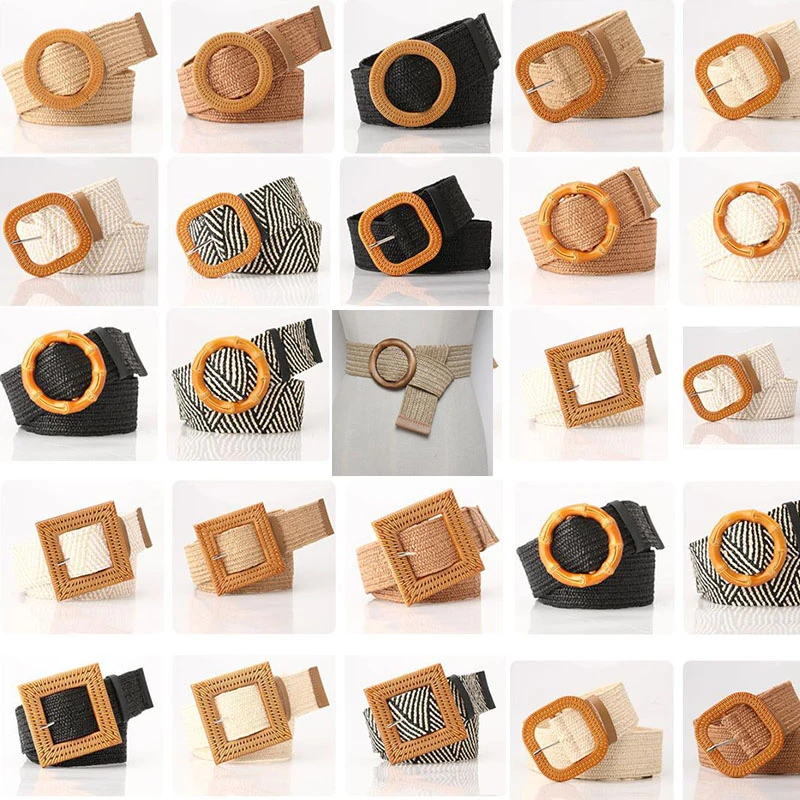Fashion Design Round Wooden Buckle Dress Belt For Women Casual Braided Wide Strap Woven Elastic PP Straw Belts Decoration Gift