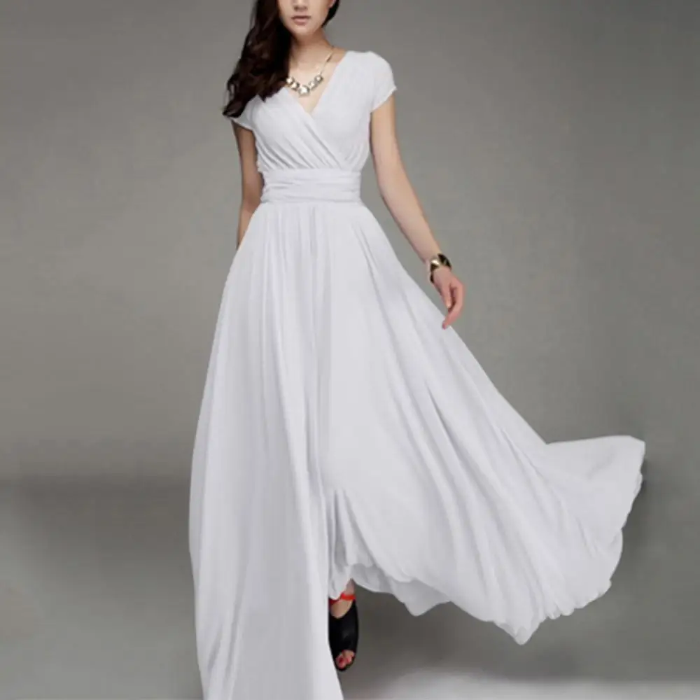 Hot Sales!!! Bohemian Women Solid Color Short Sleeve V Neck Tight Waist Maxi Evening Dress