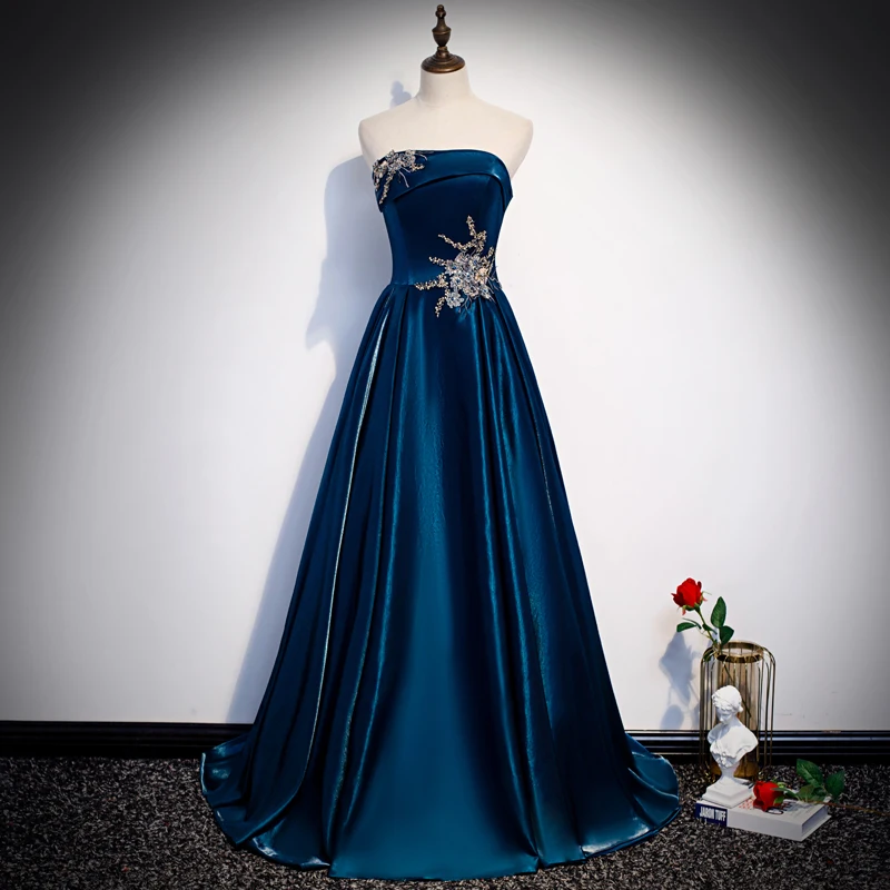 Sequins Evening Dress Strapless Vintage A-line Floor-length Satin Empire Sleeveless Plus size Party Formal Dresses Woman