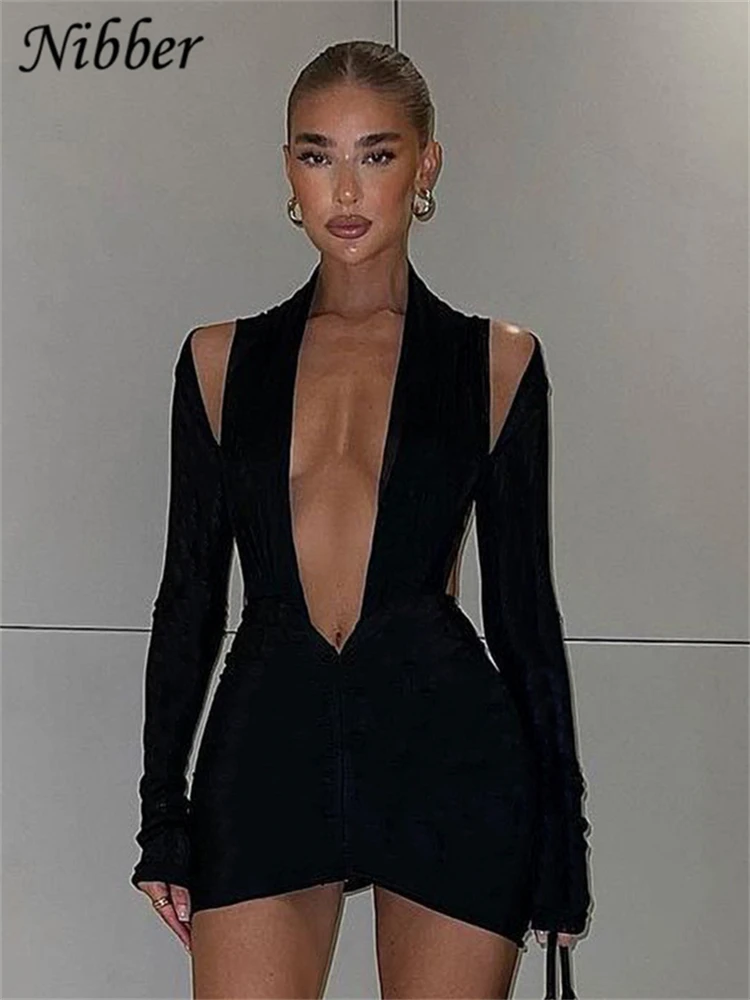 Nibber Pure Black Sexy Cutout Dress Long Sleeve Backless Halter Mini Dress 2022 Vestidos de fiesta