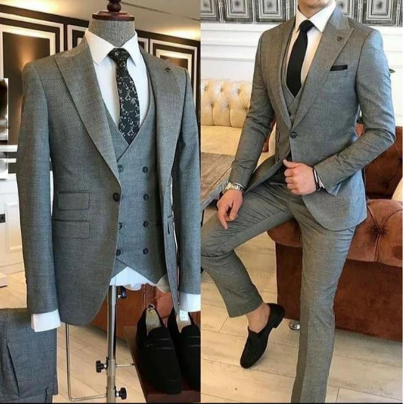 Groom Wear 3 Pieces Gray Men Suits 2021 Slim Fit Peak Lapel One Button Tailor Made Terno Masculino (Jacket Pants Vest Tie）