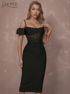 Adyce Off Shoulder Short Sleeve Bandage Dress Women Sexy Black Lace Elegant Bodycon Evening Club Celebrity Party Midi Lady Dress - Image 2