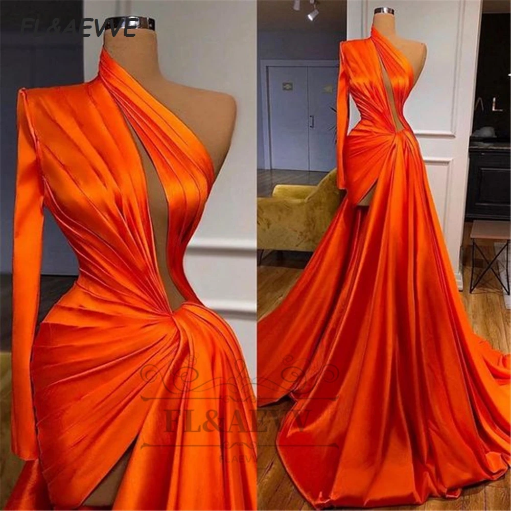 2023 Modern One Shoulder Evening Dress Long Coral Long Sleeves Corset Lace Up Floor Length Evening Prom Party Gowns