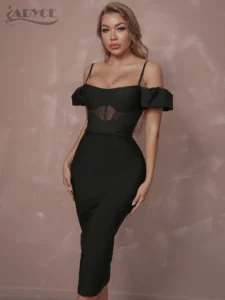 Adyce Off Shoulder Short Sleeve Bandage Dress Women Sexy Black Lace Elegant Bodycon Evening Club Celebrity Party Midi Lady Dress - Image 4