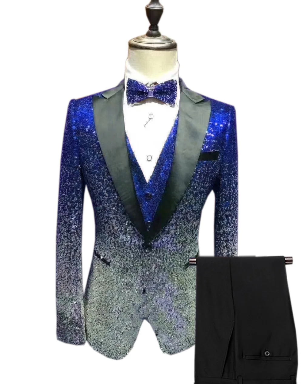 Mens Sequin Suit 3 Pieces Shiny Slim Fit Tuxedo Peak Notch Lapel For Party Wedding Groom Banquet Nightclub (Blazer Vest Pant)