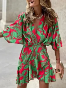 2024 Summer Irregular Beach Mini Dress For Women Fashion Print Casual Bohemia Style Sundress Female Bat Sleeve Ruffles Dresses - Image 2