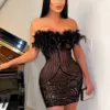 Znaiml Women Sexy Club Party Night Feather Strapless Birthday Dresses Elegant Backless Mesh See Through Patchwork Sequin Robe