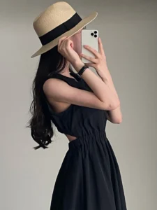 Gaganight Women O neck Back Hollowed Waist Vest Dress 2023 Korean Chic Summer Retro Temperament Slim Sleeveless Dresses Female - Image 3