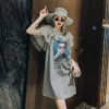 French Vintage Mesh Splicing Graphic T-shirt Dresses for Women Summer Sexy Loose Dress Female Girls New Kawaii Outerwear Clothes - Image 3