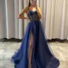 Glitters Tulle Evening Dress Long Sweetheart Spaghetti Strap A Line Navy Blue Burgundy Prom Gown Formal Party Women Dress