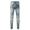 A606 new slim splicing zipper design jeans fashion collision biker jeans men high quality cotton blue jeans - Image 2