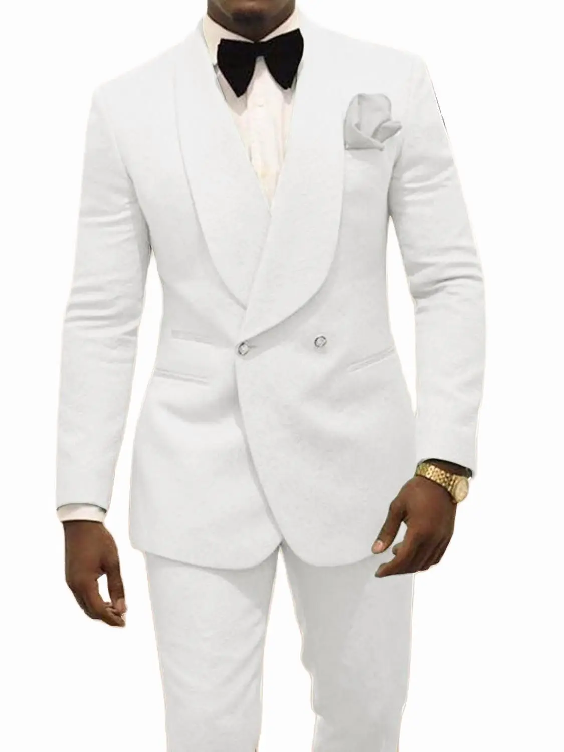 Custom Pour Hommes Made Groomsmen White Pattern Groom Tuxedos Shawl Lapel Suits 2PCS Wedding ( Jacket Pants )Costume Homme