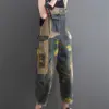 6498 Spring Fall New Fashion Women's Vintage Cartoon Print Patchwork Baggy Suspender Jeans Female Casual Loose Retro Denim Pants