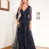 Lucyinlove New Elegant Blue V-Neck Floral Evening Dress Long 2024 Luxury Women Long Sleeve Wedding Party Cocktail Dress Prom
