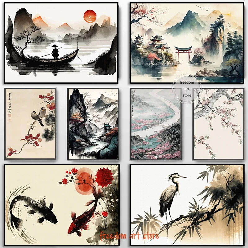 Chinese Landscape Couple Birds Forest Mountain River Koi Carp Fish Art Poster Canvas Painting Wall Art Prints Picture Home Decor