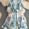 Summer Runway Leaves Print Green Puff Sleeve Dress Women Notched Collar Single Breasted Belt Mini A Line Party Vestidos