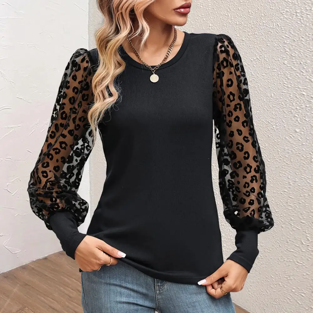 Women Spring Fall Top See-through Mesh Leopard Print Knitted Top Slim Fit Patchwork Long Sleeve Commute T-shirt Blouse