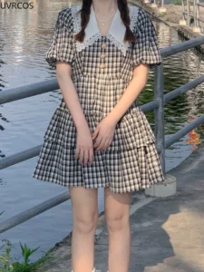 Summer Preppy Style Sweet Lolita Mini Dress Women Kawaii Peter Pan Collar Short Sleeve Plaid Cake Dresses Girly Party Vestidos - Image 4