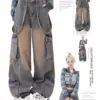 Women Blue Oversize Cargo Jeans Harajuku Vintage Baggy Y2k Denim Trouser 90s Aesthetic Wide Jean Pants 2000s Trashy Clothes 2024