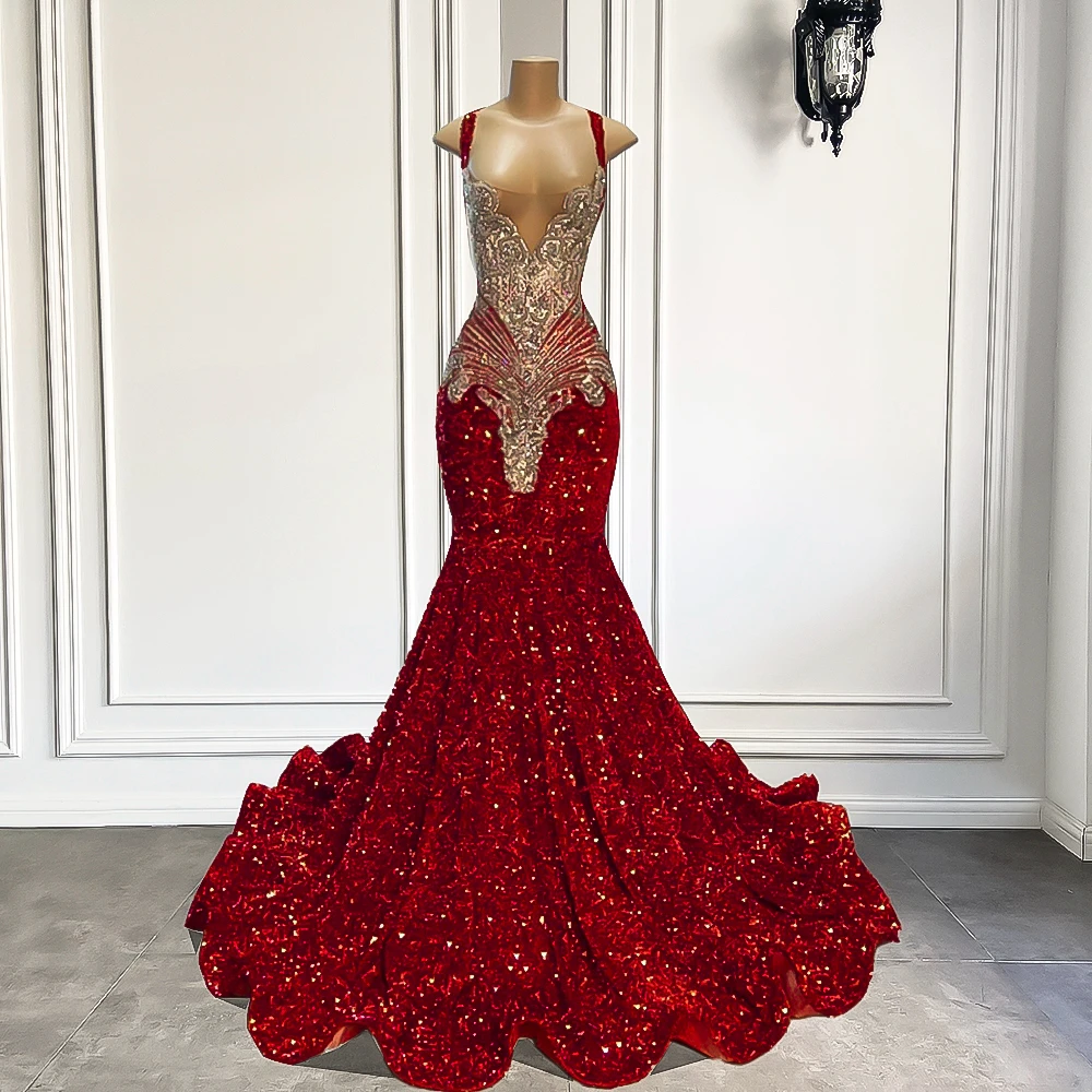 Gorgeous Long Prom Dresses 2024 Mermaid Style Luxury Sparkly Silver Crystals Red Sequin Black Girls Prom Party Formal Gowns