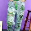 Summer Women New Fashion Beaded Holes Loose Jeans Ladies High Waist Personality Thin Denim Harem Pants Female Green Ripped Jean