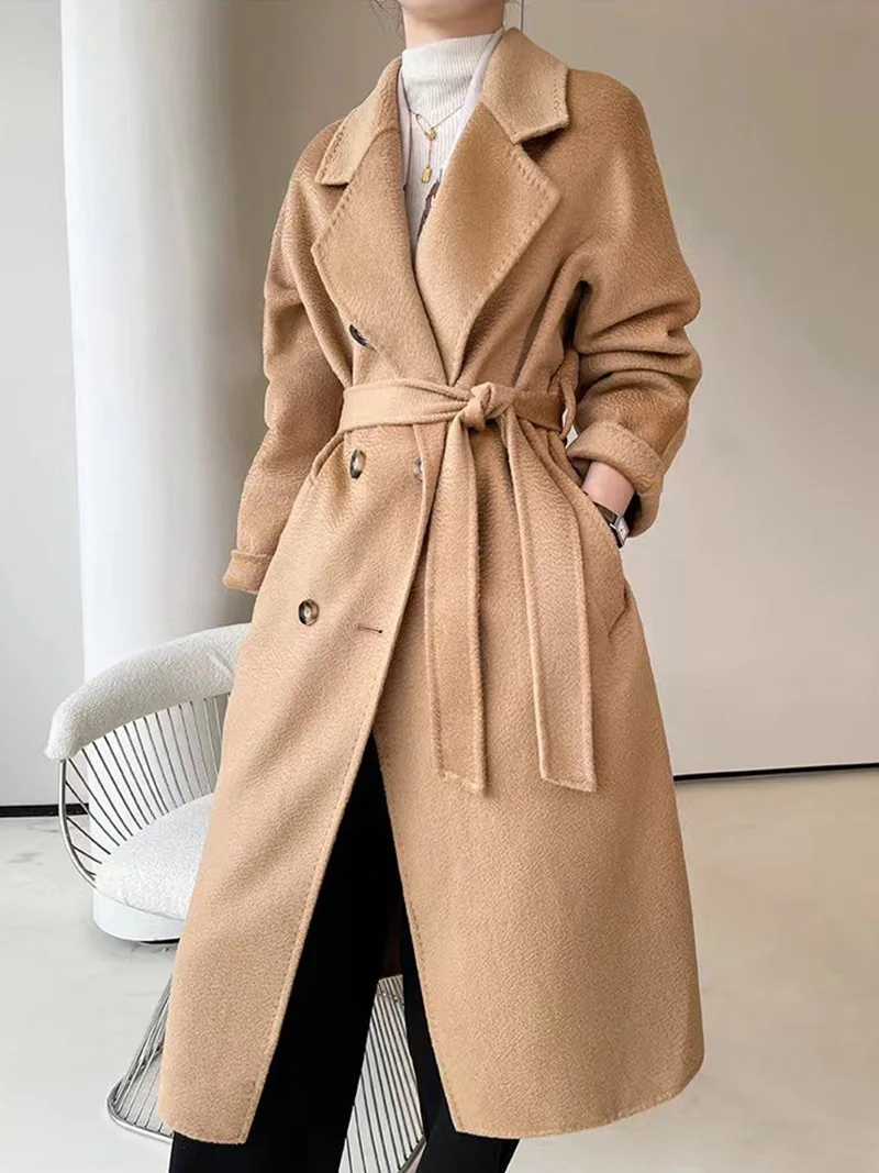2024 Autumn/Winter New Cashmere Coat Women's Long Double breasted Lace up Water Wave 100% Double sided Wool Women's Coat