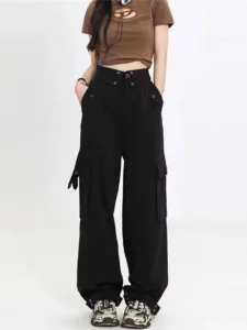 2024 Hip Hop Y2K Cargo Pants Women Streetwear Harajuku Big Pockets Casual Trousers Korean Loose High Waist Design Solid Pants - Image 3