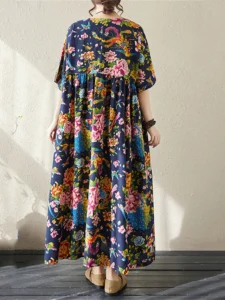 2024 Summer Cotton Short Sleeve Vintage Dresses For Women Casual Loose Long Dress Femme Robe Vestidos Elegant Fashion Clothing - Image 2