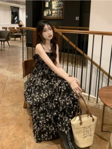 Deeptown Y2k Korean Style One Piece Floral Dress Women Vintage Elegant Layered High Waist Black Long Slip Fairy Dresses Summer - Image 3