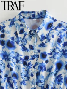 TRAF GAL 2024 Summer Floral Printed Women Laced Up Waist Shirt Dresses Long Sleeve Buttons Slim A-Line Robe Femme Mini Dress Y2K - Image 2