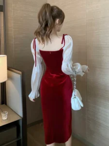 2023 Spring Elegant Sweet Girly Women Midi Dress Red Velvet Bow Bubble Sleeve Split Lady Clothes Party Office Femme Robe Vestido - Image 2