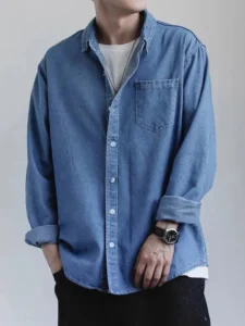 Denim Shirt Men's Spring Autumn Long Sleeve Button Blouse Korean Handsome Men Hip Hop Casual Handsome Blue Shirt Jacket - Image 4