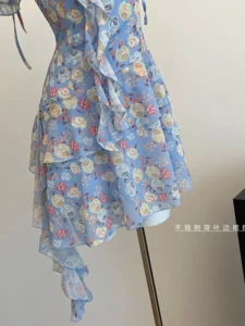 Harajuku Sweet Floral Dress Banquet Blue A-Line Dress Romantic Coquette One-Piece Frocks Puff Sleeve Gyaru Tide Spring Summer - Image 4