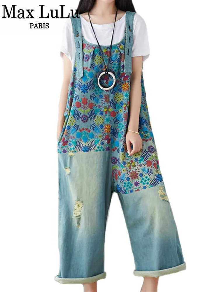 Max LuLu Streetwear 2021 Spring Flower Fashion Pants Women Vintage Printed Overalls Ladies Ripped Punk Jeans Bleached Trousers