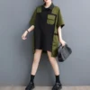 #3448 Spliced Color Shirt Dress Women Short Sleeve Loose Polo Neck Mini Dress Pockets Irregular Short Dress Ladies Korean Style - Image 4