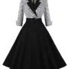 Tonval Plaid and Black Elegant Ladies Rockabilly Cotton Dresses Notched Collar 3/4 Sleeve Autumn Winter Women Vintage Dress