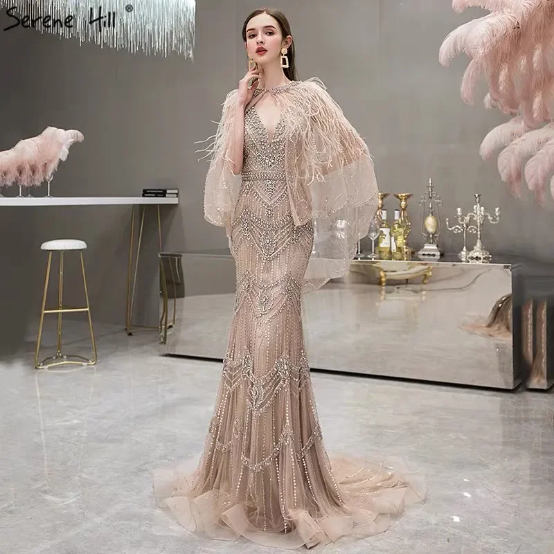 Luxury Caramel Elegant Mermaid Evening Dresses 2024 Sleeveless Shawl Yarn Feathers Formal Dress Serene Hill