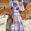 Summer Women Plaid Print A-line Beach Dress Sexy Off the shoulder Boho Long Dress Casual Femme Slash Neck Cover Up Sundress