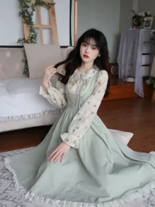 Green Elegant Vintage Strap Dress Women 2023 Spring Lace Evening Party Midi Dresses Ladies Retro Korean Sweet Kawaii Fairy Dress - Image 5