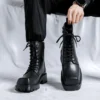 men's casual high motorcycle boots brand designer square toe shoes genuine leather platform boot handsome lace-up long botas man - Image 2