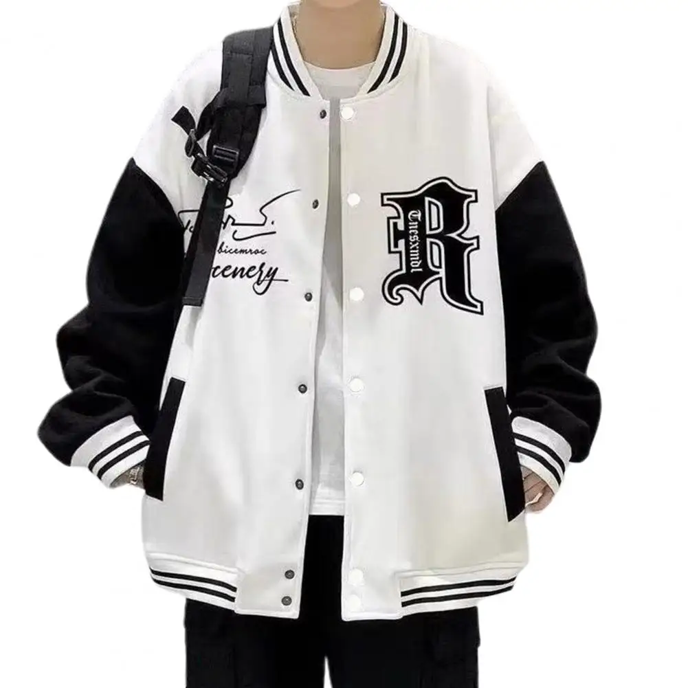 Fall Winter Men Baseball Coat Letter Print Stand Collar Loose High Street Style Jacket Elastic Striped Cuff Fashion Men Jacket
