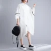 #3483 White Women Asymmetrical Shirt Dress Batwing Sleeve Loose Front Buttons Midi Dress Big Pockets Turn-down Collar Summer2023 - Image 4