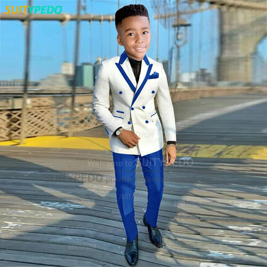 Newest Royal Blue Boys Suit Child Party Custom Fashion Double Breasted Blazer Pants 2 Pieces Homecoming School Wholesale Uniform