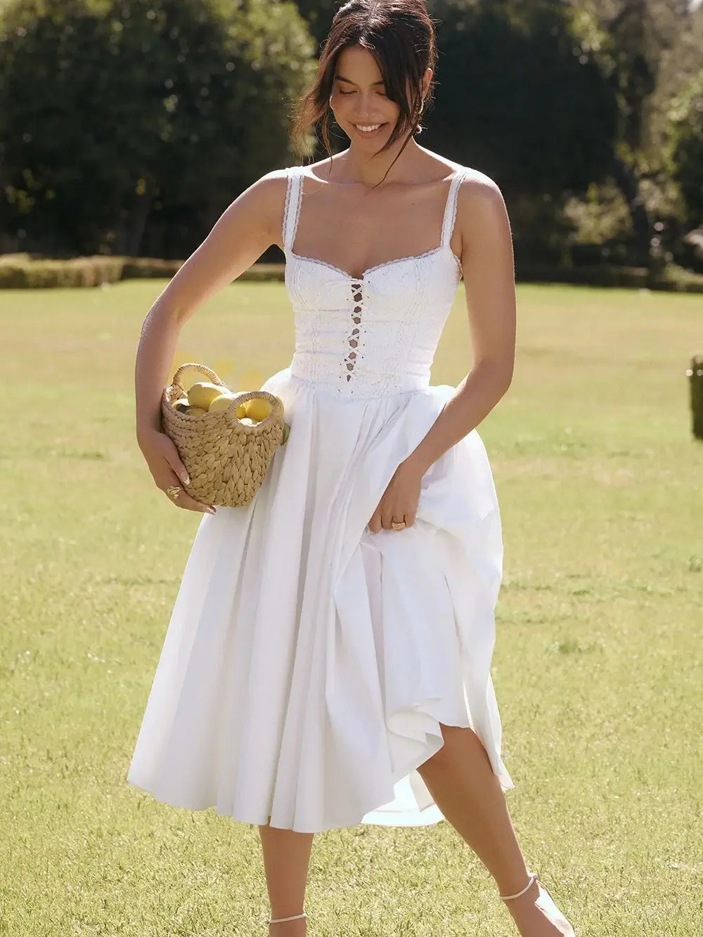 Ashgaily 2024 White Dress Women Halter Cotton Long Dress Lace Elegant Party Outfits Ladies Sexy Club Clothes