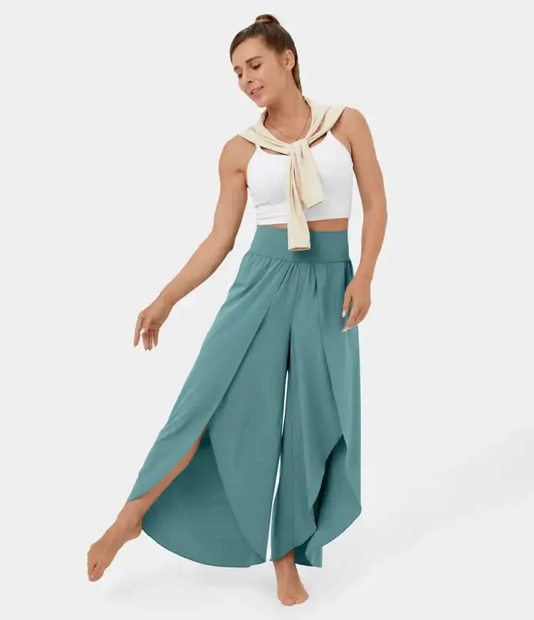 High Waist Back Pocket Flowy Slit Wide Leg Quick Dry Casual Pants High Elastic Waistband Yoga Trousers Bottom All-Match Pants