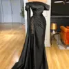 Elegant Satin Long Mermaid Pleat Beading Women Formal Party Evening Dress Sexy Black Prom Gown 2023 Robe De Soiree